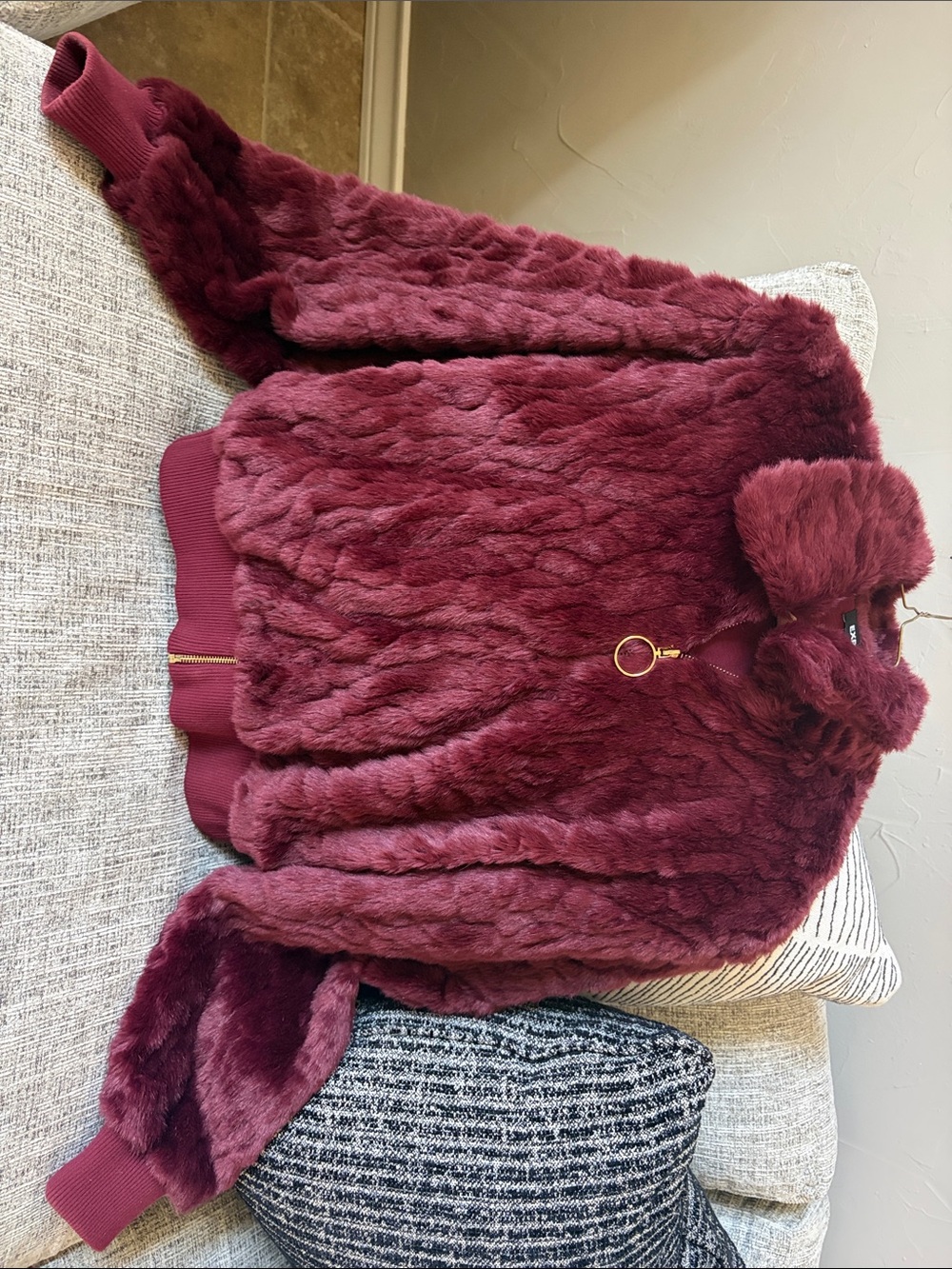 Express Kids Faux Fur Bomber Jacket in Burgundy